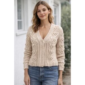 Garnet Hill Chunky Bobble Cable Knit Wool Cardigan Sweater XS Oatmeal